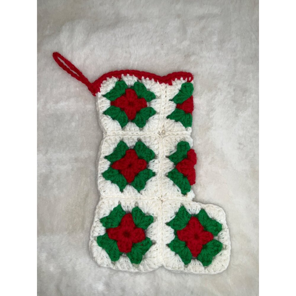 Vintage handmade Granny Square crochet Patchwork Christmas stocking 12" White